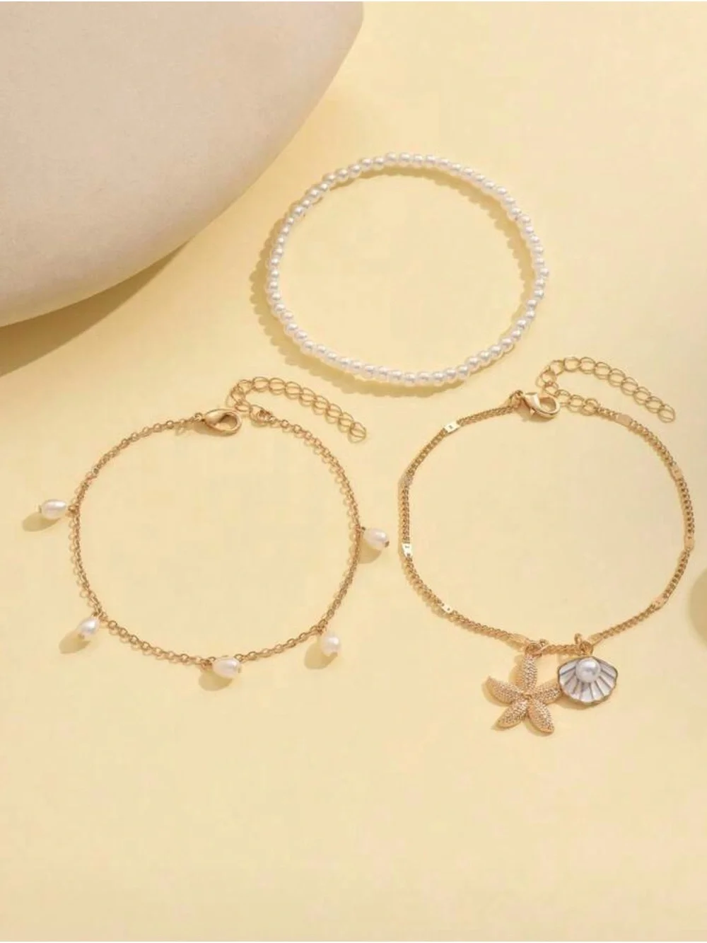 3-Piece Gold Pearl Starfish & Seashell Anklet Set – Beach Vacation Jewelry